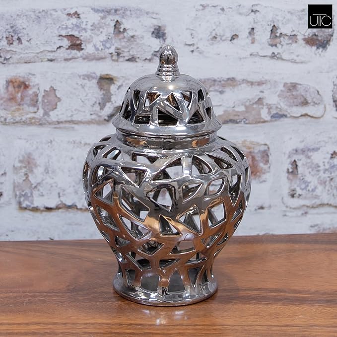 Urban Trends 21285 Ceramic Urn Vase with Cutout Triangle Design, Silver