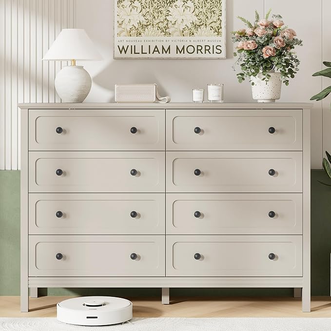 Dresser for Bedroom, 8 Drawer Dresser with Metal Handles, 55" Wide Modern Dressers & Chest of Drawers for Living Room, Hallway, Entryway, Beige