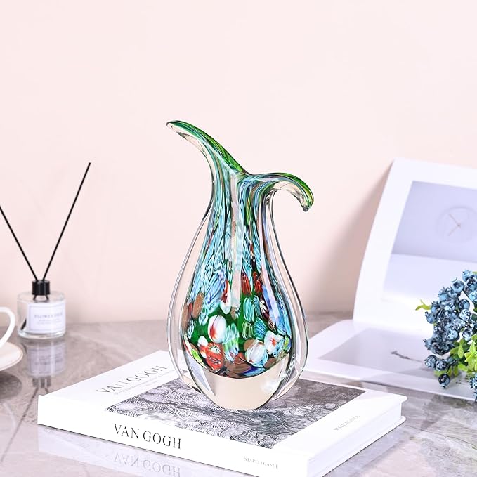 Green Hand Blown Glass Vase – Oval Decorative Art Glass for Centerpieces, Murano Inspired Decor for Dining Room, Entryway Table, or Shelf, Handmade Glass Vase for Home Display (Teal Green)