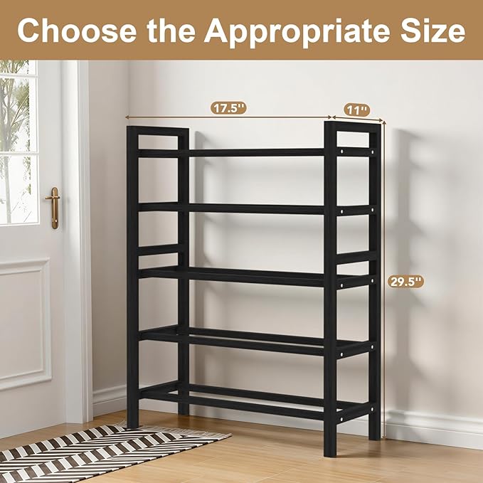 Haddockway Bamboo Shoe Rack for Closet, Free Standing Shoe Organizer with Smooth Round Rods & Convenient Handles, Stackable Shoe Storage Shelf for Entryway, Hallway(Black, 5-Tier(Small))