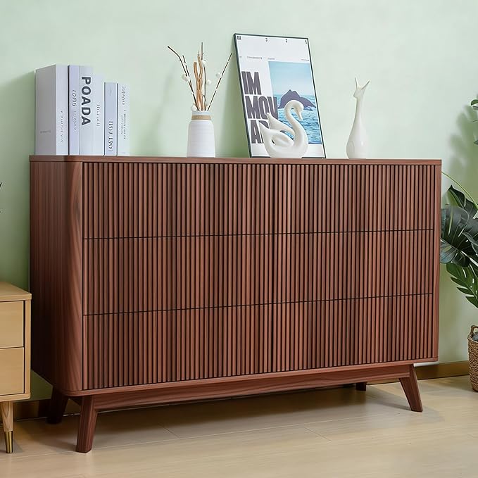 Fluted 6 Drawers Dresser for Bedroom,52" Wide Handleless Chest of Drawers with Faux Marble Top, Wooden Dresser TV Stand, Wood Drawer Organizer for Living Room, Hallway, Walnut