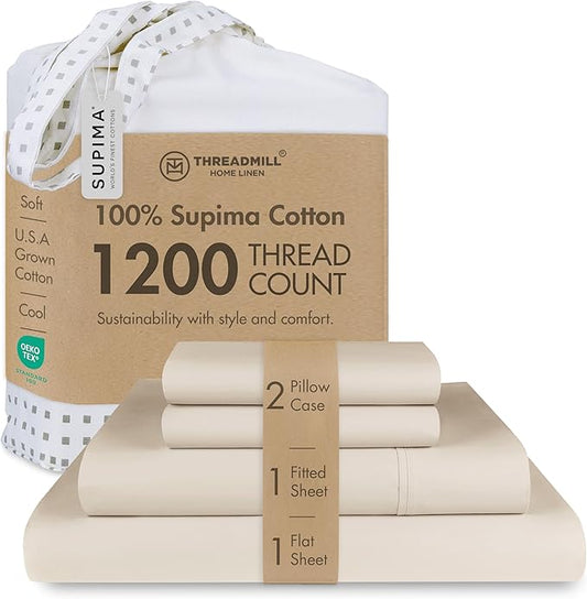 Threadmill Luxury Supima Cotton Sheets, Luxury 1200 Thread Count Soft 100% Cotton Sheets for Full Size Bed, 4 Pc Beige Bed Sheets Full Set, 5-Star Hotel Quality Deep Pocket Bed Sheets Set
