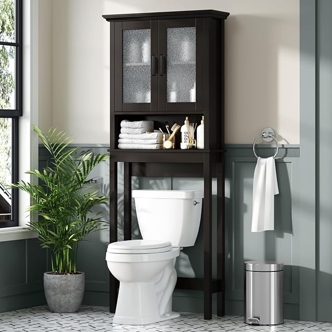 Over The Toilet Storage Cabinet, Over Toilet Bathroom Organizer with Glass Doors and Adjustable Shelf, Thicken Frame Above Toilet Storage Cabinet Behind Toilet Bathroom Organizer, Espresso