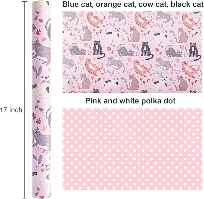 Burymento Reversible Cat Design Wrapping Paper Roll - Pink and white polka dot design on the other side, suitable for Valentine's Day, Birthday, Mother's Day, Wedding, Baby Shower