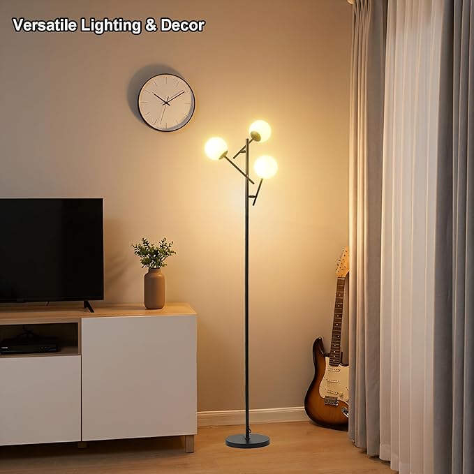 Fiqevs Mid Century Modern Floor Lamp -3 Adjustable Globe Lamps, Including LED Bulbs, Black Standing Light for Living Rooms bedrooms