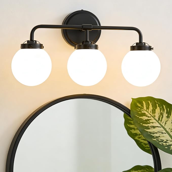 Bathroom Light Fixtures, 18.26'' Black Vanity Light, Modern 3 Lights Wall Sconce with Milky Glass Globe Shade, Mid-Century Bathroom Lighting Fixtures Over Mirror for Bathroom, Living Room