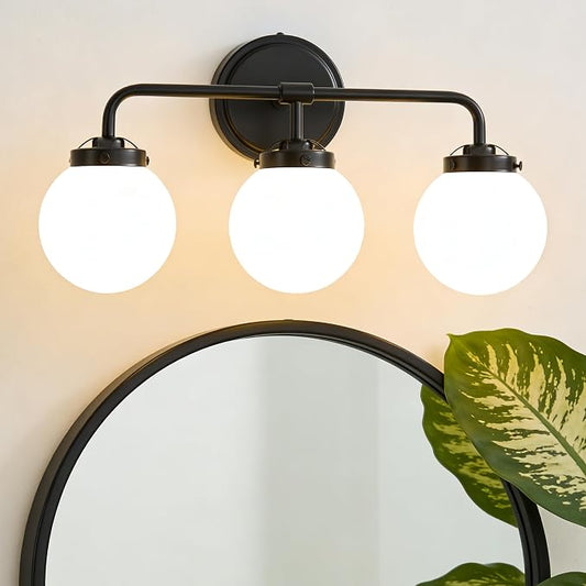 Bathroom Light Fixtures, 18.26'' Black Vanity Light, Modern 3 Lights Wall Sconce with Milky Glass Globe Shade, Mid-Century Bathroom Lighting Fixtures Over Mirror for Bathroom, Living Room