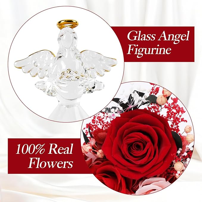Christmas Rose Gifts for Women, 7" Red Preserved Roses Flowers in Glass Angel Figurine, Birthday Gift for Mom Wife Grandma, Eternal Rose for Mothers Day Valentines Anniversary