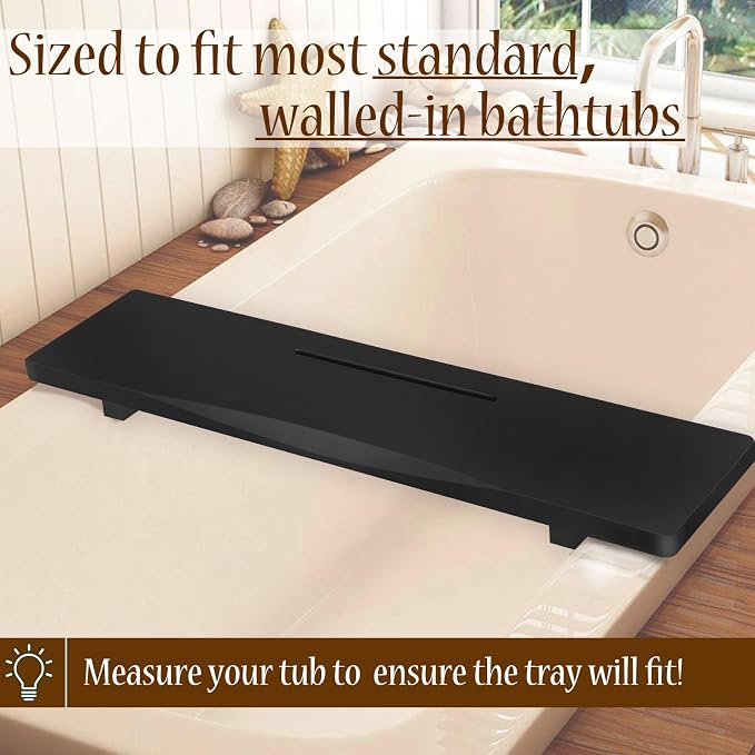 Stylish Black Bamboo Bathtub Tray Caddy with Adjustable Legs, Minimalistic Design Bath Tray for Tub, Bathtub Accessories, Fit Standard and Against Wall Bath Tubs, Gift Idea for Women
