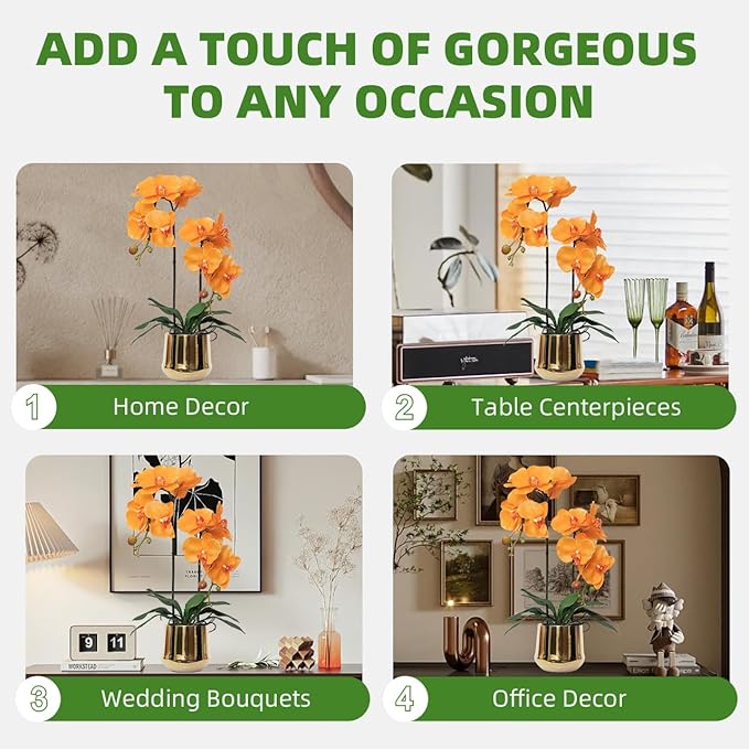 CXGS Orchids Artificial Flowers Realistic Fake Flowers in Ceramic Pot 20" Orange Lifelike Faux Floral Arrangement Soft PU Phalaenopsis for Home Hotel Indoor Decor, Centerpiece Display