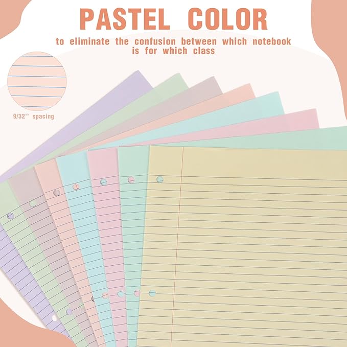 PerKoop 400 Sheets Colored Loose Leaf Paper 8.5" x 11" college ruled Lined 3 Hole Punched notebook Filler Paper for 3 Ring Binders Office School Supplies (Aesthetic Color)