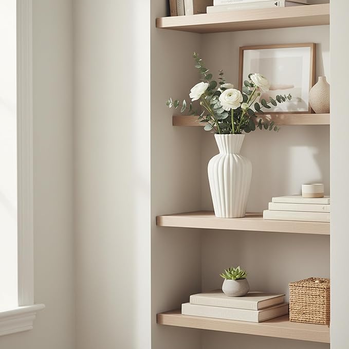 Minimalist White Ceramic Vase for Home Decor - 9.25" Modern Fluted Flower Bud/Table Centerpiece - Aesthetic Nordic Farmhouse Decorative Pottery for Living Room, Shelf, Wedding Gift