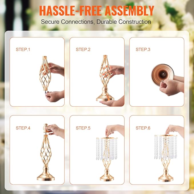 VEVOR 20PCS 43cm/16.9” Tall Crystal Wedding Flower Stand, Metal Wedding Centerpiece Vase, Gold Flower Holders Floral Display Rack for Tables Wedding Dinner Party, Ceremony Birthday Event Decor