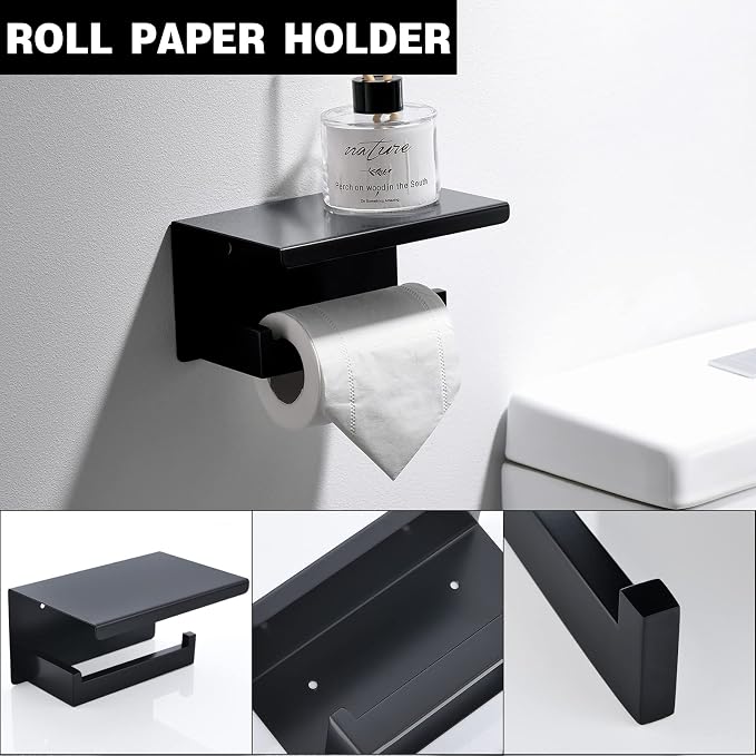 Black Towel Bar Set 5-Piece Bathroom Hardware Set Including 23.6 Inch Towel Bar,Towel Ring Towel Hook and Toilet Paper Holder with Shelf,Stainless Steel Bathroom Accessories Set