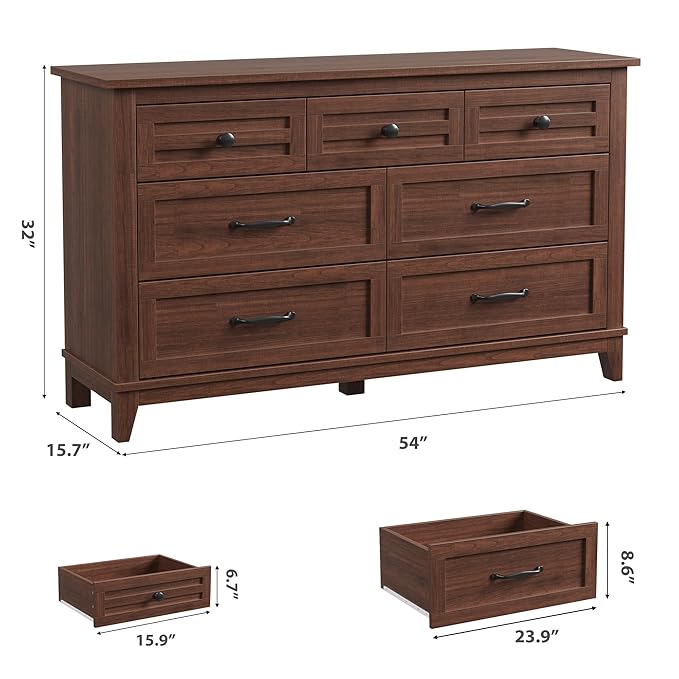 GarveeHome 7 Dresser for Bedroom, 54 in Wide Drawer Dresser with Storage Freestanding, Wooden Closet Storage Chest for Living Room, Bedroom, Entryway, Walunt