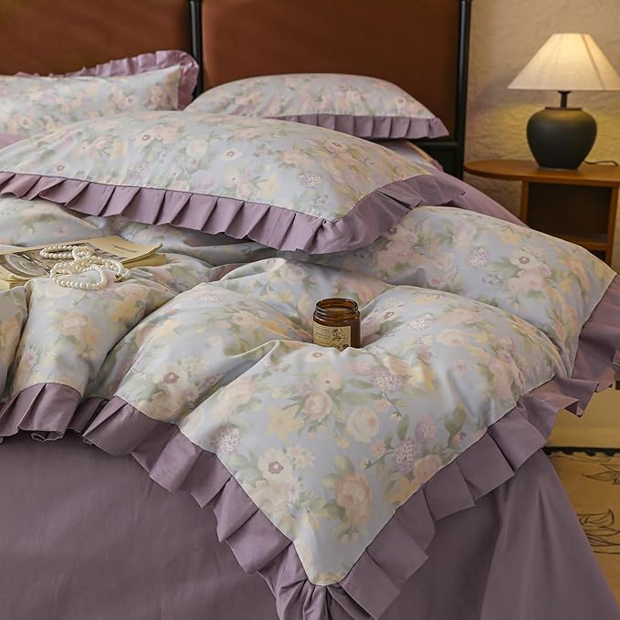 Ruffle Duvet Cover Set Twin Girls Cute Flower Duvet Cover with Purple Ruffles Cottagecore Bedding Vintage Floral Comforter Cover with 2 Pillowcases Princess Lace Bedding Flower Comforter Cover Twin