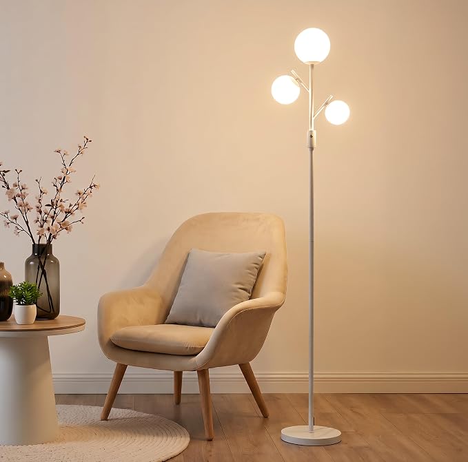 Fiqevs Mid Century Modern 3 Globe Tree Floor Lamp - Dimmable LED Standing Lamp with Bulbs, Warm Light for Living Room Bedroom Office - White