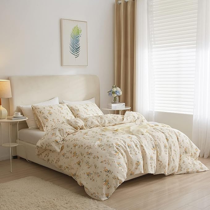 EAVD Garden Style Yellow Floral Duvet Cover King Soft Cotton Bedding Set Chic Botanical Floral Bedding Set with 2 Pillowcases Reversible Aesthetic Comforter Cover for All-Season