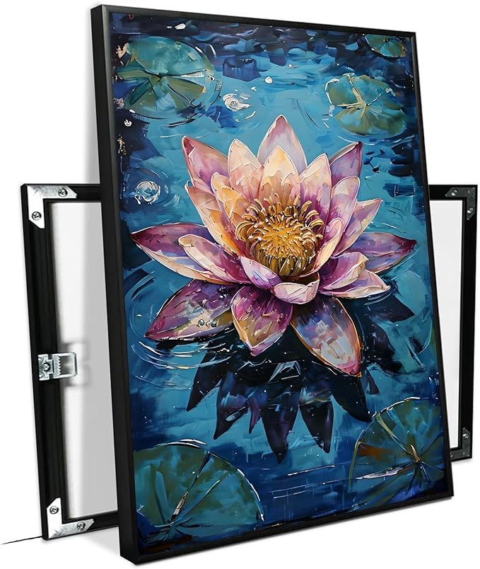 Gorgeous pink and purple water lilies on deep blue water Eye-catching oil painting Serene aquatic wall art for modern home decor 24x36in Metal blackFramed