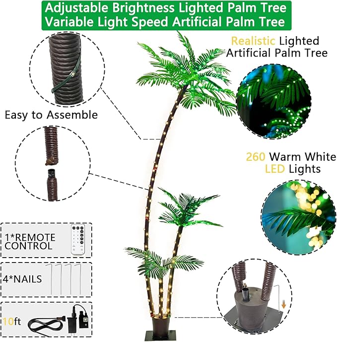 7FT Lighted Artificial Palm Tree with Three Trunks and Upgraded 260 LED Lights - Outdoor/Indoor Use, Perfect for Tiki Bars, Patios, Homes, Offices, Beaches, Yards Pool and Cruise Party