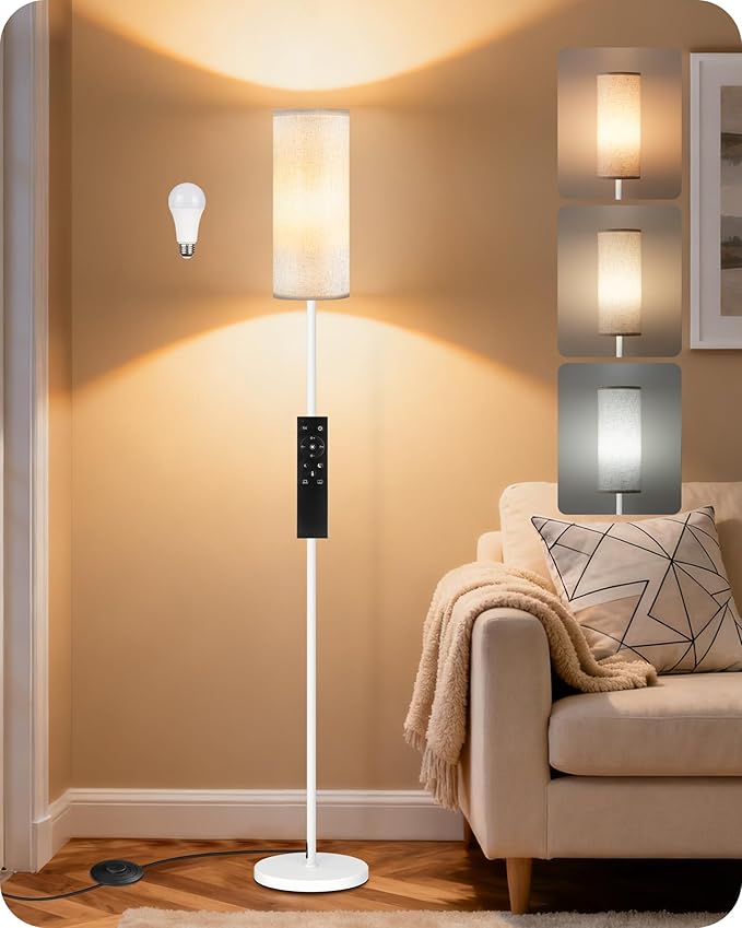 White Floor Lamps for Living Room with Remote and Foot Switch, 64.4” Modern Standing Tall Lamp, Dimmable Corner Lamp for Bedroom, Office, Bulb Included, 3000K-6500K, FCC Listed WW06LD05W1
