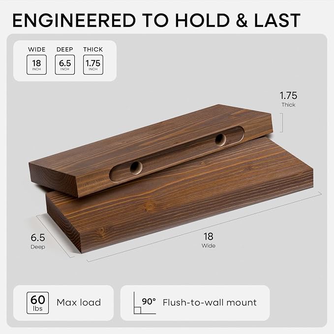 Homeforia Classic Walnut 18 inch Floating Shelf, High End Solid Real Wood Small 18inch Floating Shelves for Wall Mounted, 18in Floating Shelves, Heavy Duty Bracket, 18 X 6.5 X 1.75 inches, Set of 3