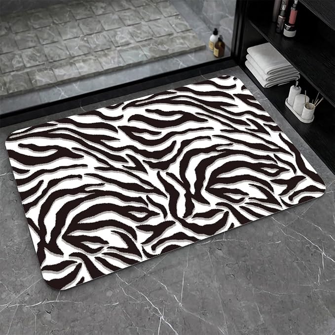 Diatomaceous Earth Bath Mat,Black and White Zebra Print Non-Slip Volume Super Absorbent Fast Drying for Bathroom Kitchen Door mat,Eco-Friendly Easy to Clean 20×31Inch (50 * 80cm)