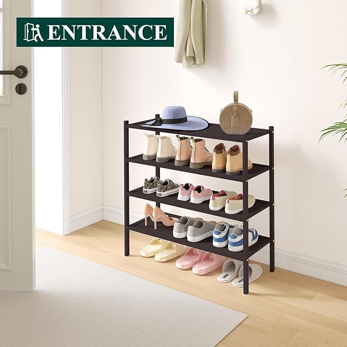 Smiry Bamboo Shoe Rack, 4 Tier Shoe Organizer for Entryway & Closet, Stackable Free Standing Storage Shelf for Shoes, Bags & Plants, Brown