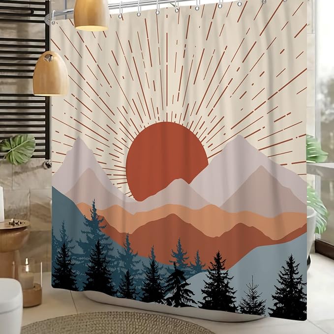 Abstract Mid Century Shower Curtain Boho Sunset Geometric Mountain Forest Aesthetic Shower Curtain Bohemian Minimalist Bathroom Decor Curtains Waterproof Fabric with Hooks 72x84 inch