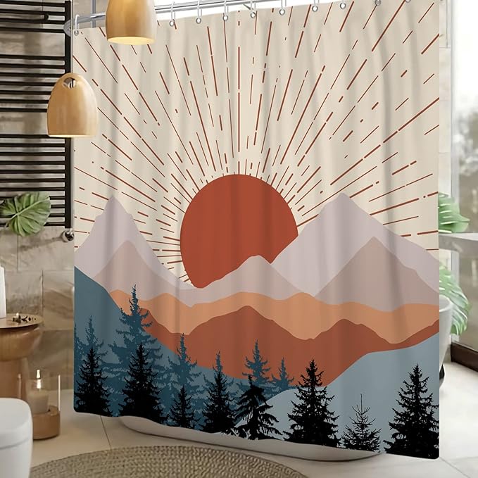Mid Century Boho Shower Curtain for Bathroom Abstract Sunset Geometric Mountain Forest Aesthetic Shower Curtains Set Bohemian Minimalist Bathroom Decor Waterproof Fabric 72x72 inch
