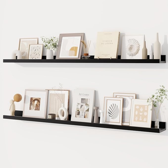 Dreamland Picture Ledge Shelf for Wall, Floating Shelves Set of 2, 48 Inch Long Floating Shelves with Lip for Living Room, Bedroom, Bathroom, Kitchen, Black