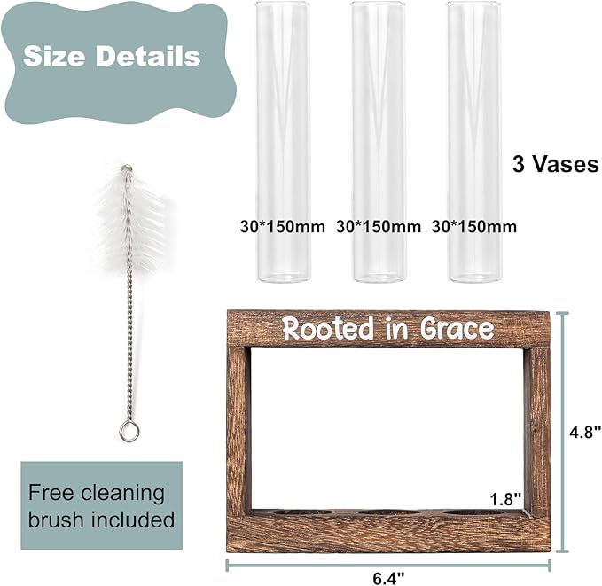 Rooted in Grace Propagation Station – Wooden Plant Holder with 3 Glass Vases, Indoor Rooting Station for Cuttings, Christian-Inspired Gift for Women, Birthday, Housewarming, Plant Lover Décor