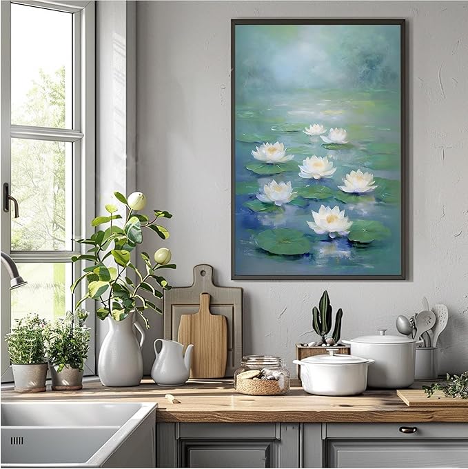 Zen wall art Delicate white lotus flower floating on calm water Vintage oil painting print Serene aquatic wall art creates a tranquil home decor 12x18in Metal blackFramed