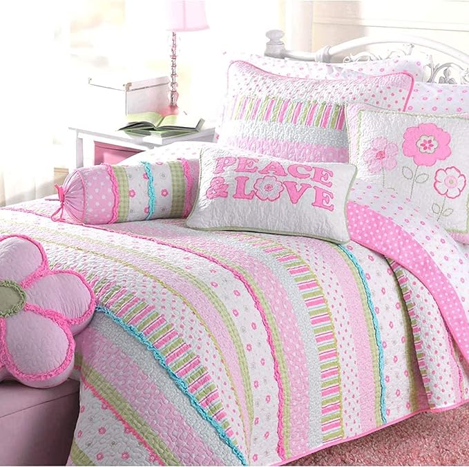 Cozy Line Home Fashions Pink Greta Pastel Polka Dot Flower Girl 100% Cotton Reversible Quilt Bedding Set, Coverlet, Bedspread (Greta Pastel, Twin - 5 Piece: 1 Quilt + 1 Sham + 3 Decor Pillows)