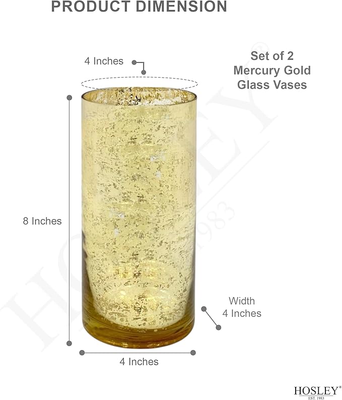Hosley Set of 2 Mercury Gold Glass Vases – Elegant Flower Pots for Boho Decor, Wedding Gifts, Decorative Centerpieces, Hurricane Style Vase for Home, Events, and DIY Crafts