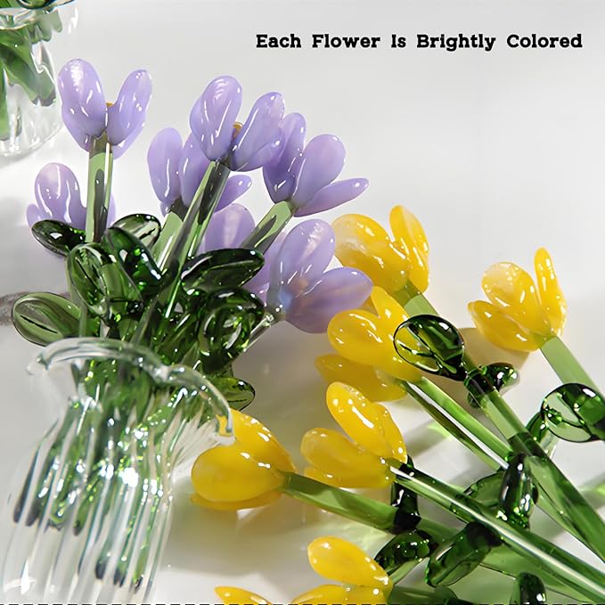 Mini Glass Flower Bouquet with Vase Colorful Artificial Wildflowers Sculpture Spring Floral Arrangement Figurine Artwork Table Centerpiece Home Decor Gift for Mom and Friends