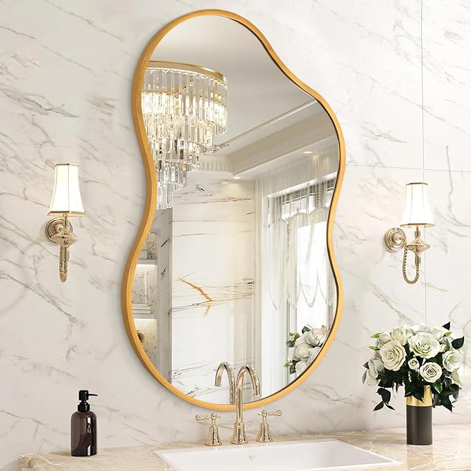 Irregcular Wall Mirror 26"x16" Gold Asymmetrical Bathroom Mirror Metal Framed Modern Decorative Vanity Mirrors for Bedroom Living Room Entryway