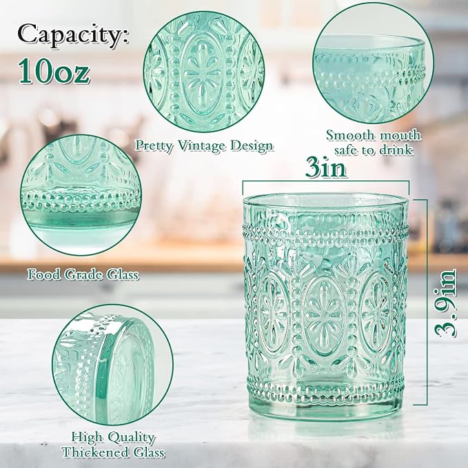 abrwyy Glassware set of 4, Vintage Drinking Glasses, 10oz Heavy Duty Glass Cups, Colored Glassware Set, Embossed Glasses Set for Party Wedding Home Office Glassesware Gift