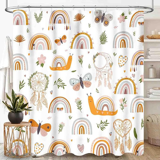 Rainbow Shower Curtain for Bathroom, Kids Girls Baby Cute Lovely Retro Vintage Boho Rainbow Pastel Aesthetic Bohemian Waterproof Fabric Shower Curtain Set with Hooks, 72"x84" Inch