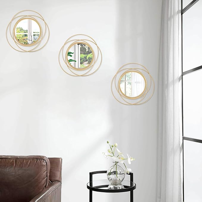 3 Set Gold Circle Mirrors for Wall Decor - Metal Art Small Round Mirror Sets - Hanging Wall Sculpture for Bedroom, Living Room, Entryway 12''