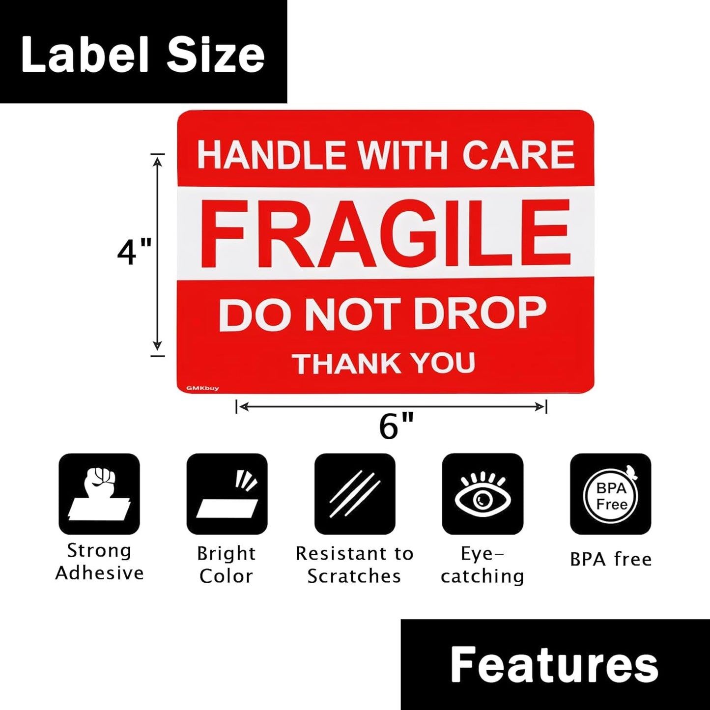 Skiennix Fragile Stickers - 100 Easy Tear, Permanent Adhesive Labels | 4 x 6 Inch for Shipping & Moving