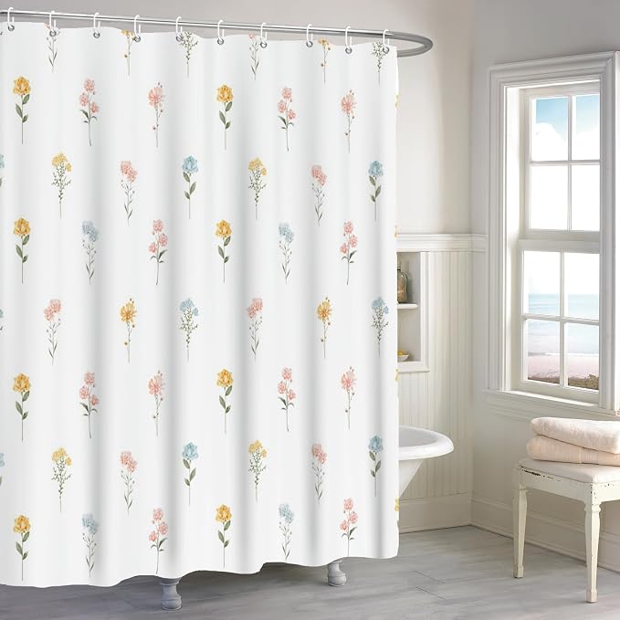 Floral Shower Curtain, Wildflower Botanical Plant Leaves Cute Flower Spring Herbs Elegant Waterproof Fabric Machine Washable for Bathroom Bathtub Decor with Hooks 60Wx72H