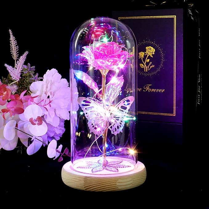 Beferr Christmas Birthday Gifts for Women, Mom Gifts for Christmas Galaxy Glass Rose Forever Preserved Flowers for Delivery Prime Rose in Glass Dome Xmas Gifts for Grandma Wife Sister Her, Pink
