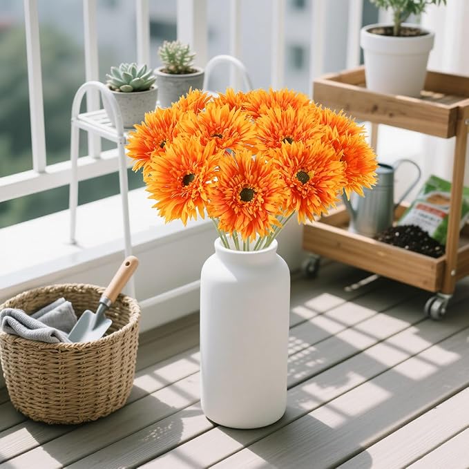 12pcs Artificial Gerbera Daisies 17.7’’ Orange Fake Daisy Flowers Faux Silk Flowers with Stems for Wedding Home Kitchen Party Garden Indoor Decoration(Orange)