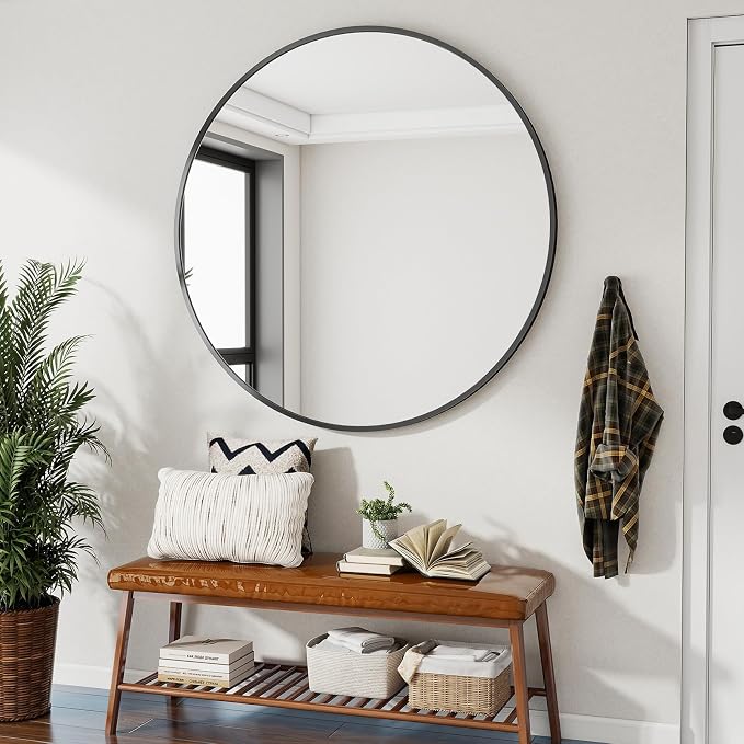 VooBang Large Black Round Bathroom Mirror, 48 inch Circle Wall Mounted Hanging Mirror with Simple Modern Circular Metal Frame for Hallway, Entryway, Living Room, Black Frame