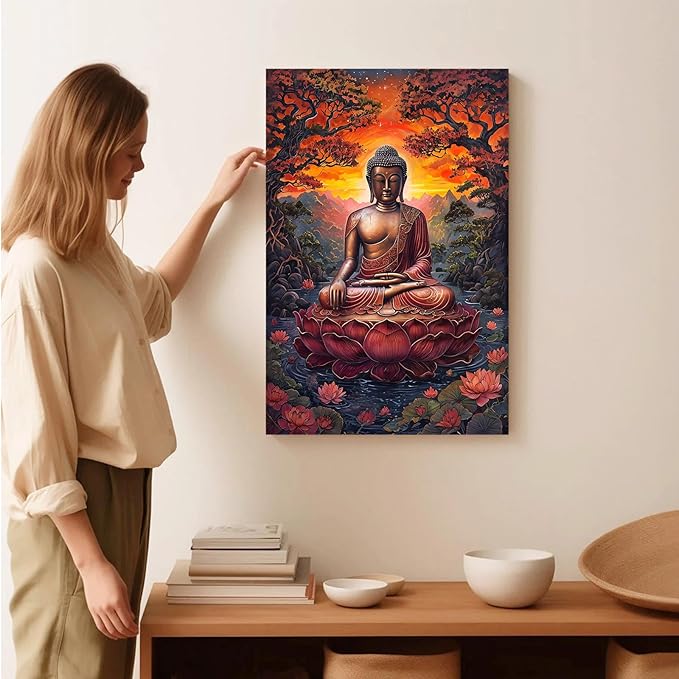 Golden Buddha on lotus seat serene meditation statue amidst lush trees flowing water and sunrise light spiritual home art for a tranquil decor 28x40in Wood Framed