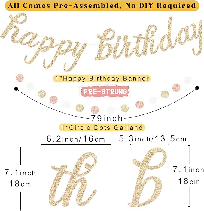 Boho Pink Happy Birthday Decorations, Pre-Strung Happy Birthday Banner with Honeycomb Balls, Paper Flowers, Lanterns, Fans, Hanging Swirls, Circle Dots Garland for Birthdays Party Decorations 24pcs