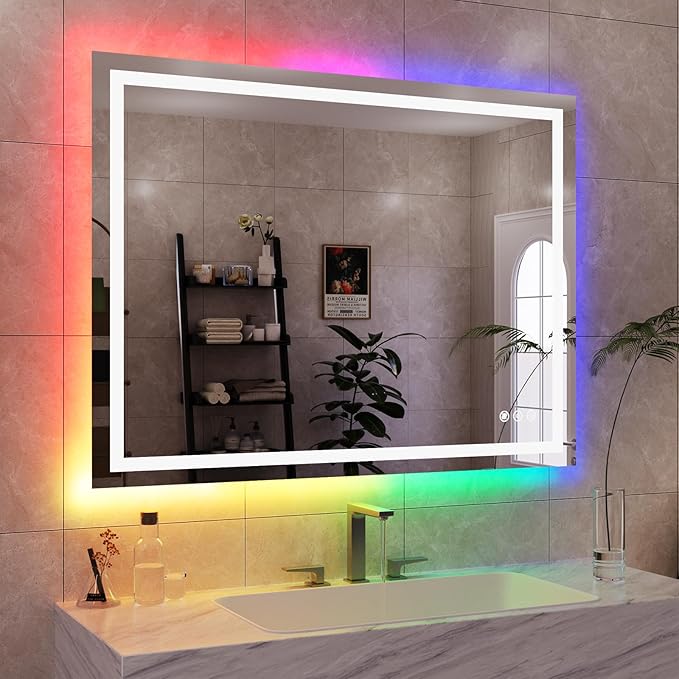 WTTY LED Bathroom Mirror 48"x36" with RGB Backlit and Front Light,Stepless Dimmable LED Mirror for Bathroom,Colored Lighted Bathroom Vanity Mirror,Anti-Fog,Memory Function,Shatter-Proof