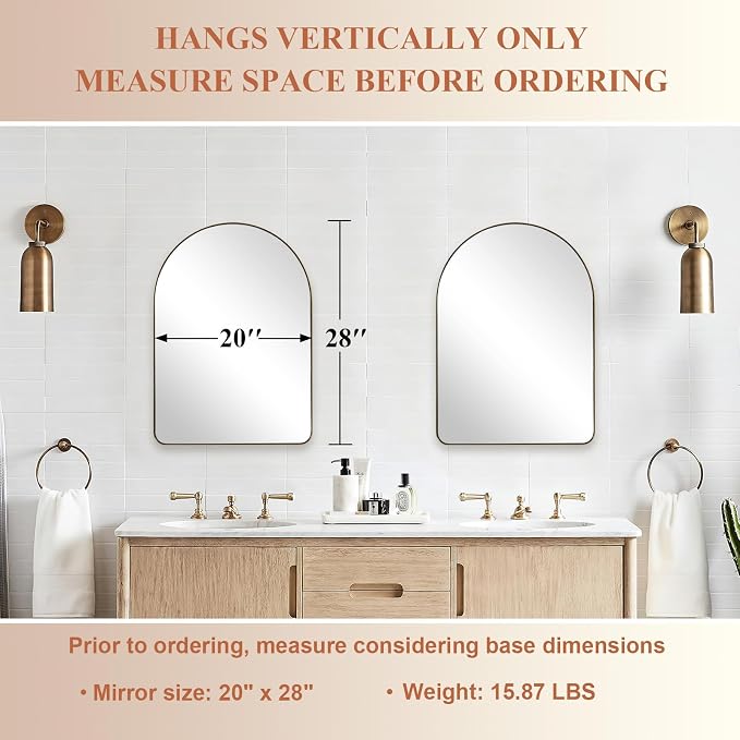 ANDY STAR Arched Mirror, 20 x 28 Inch Brushed Gold Wall Mirror in Stainless Steel Metal Frame, Arch Top Rounded Corner 1 Inch Deep Set Design Wall Mount Hangs Vertical