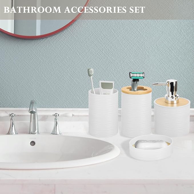 4 Pieces Bamboo Bathroom Accessories Set, Bathroom Accessory Set with Soap Dispenser and Toothbrush Holder, Soap Dish and Toothbrush Cup, Boho Bathroom Decor(White)